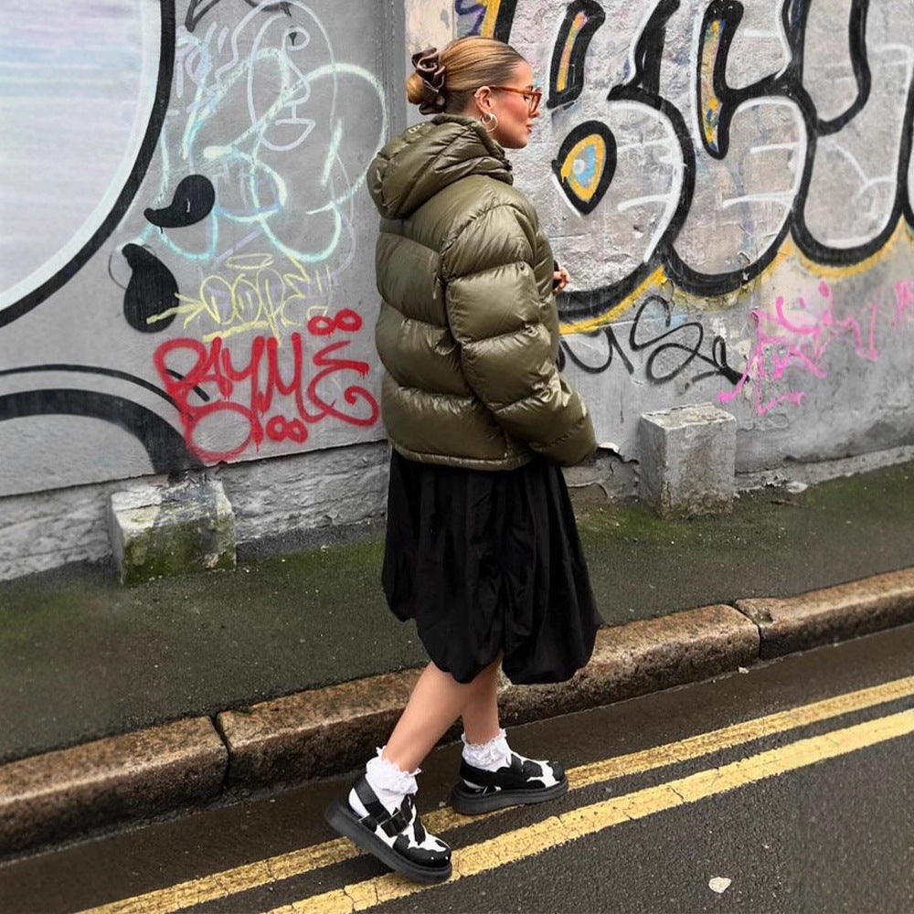 Women's Short Shiny Padded Jacket with Hood and Boxy Silhouette EVA-US