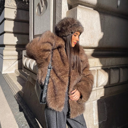 Women's Short Cut Voluminous Faux Fur Coat with Wide Shawl Collar EVA-US
