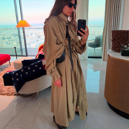 Women's Oversized Trench Coat with Voluminous Balloon Sleeves, Drawstring, and Removable Hood EVA-US