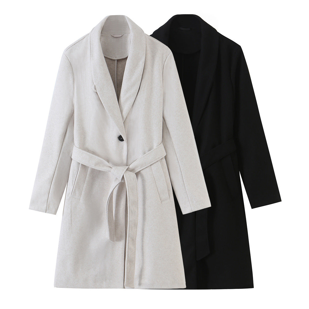 Women's Midi-Length Wool Blend Coat with Shawl Collar and Tie Belt EVA-US