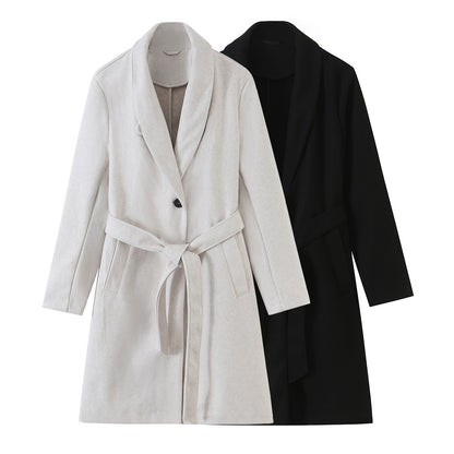 Women's Midi-Length Wool Blend Coat with Shawl Collar and Tie Belt EVA-US