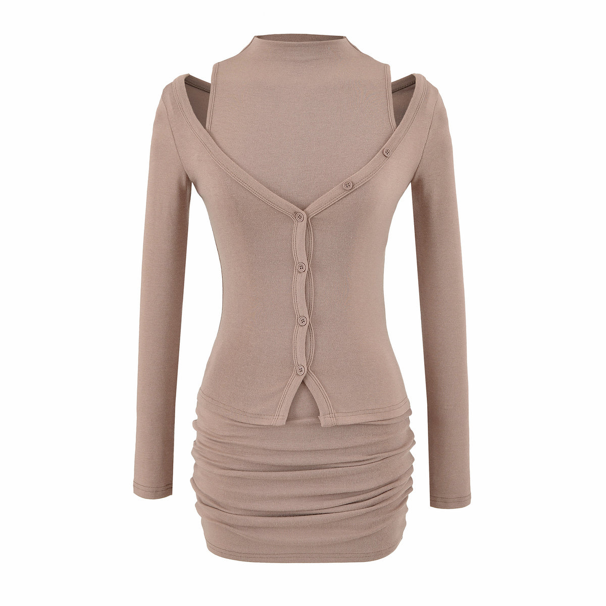 Ladies two-piece knit set with integrated high neck vest and asymmetric button cardigan EVA-US