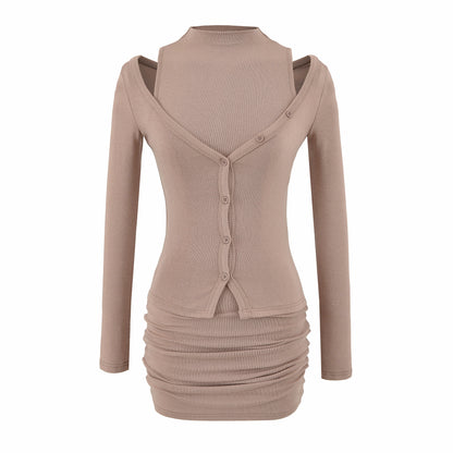 Ladies two-piece knit set with integrated high neck vest and asymmetric button cardigan EVA-US