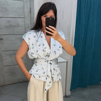 Women's Sleeveless Wrap Top with Tailored Tie Belt and Patch Pockets EVA-US