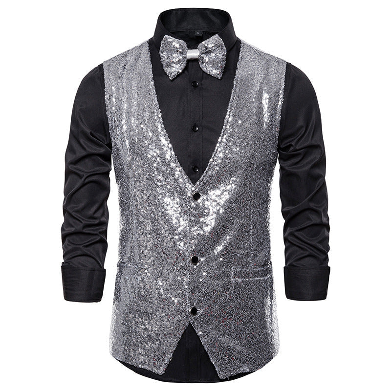 Men's Glittering Holiday Waistcoat with Matching Bow Tie EVA-US