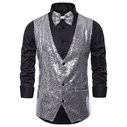 Men's Glittering Holiday Waistcoat with Matching Bow Tie EVA-US