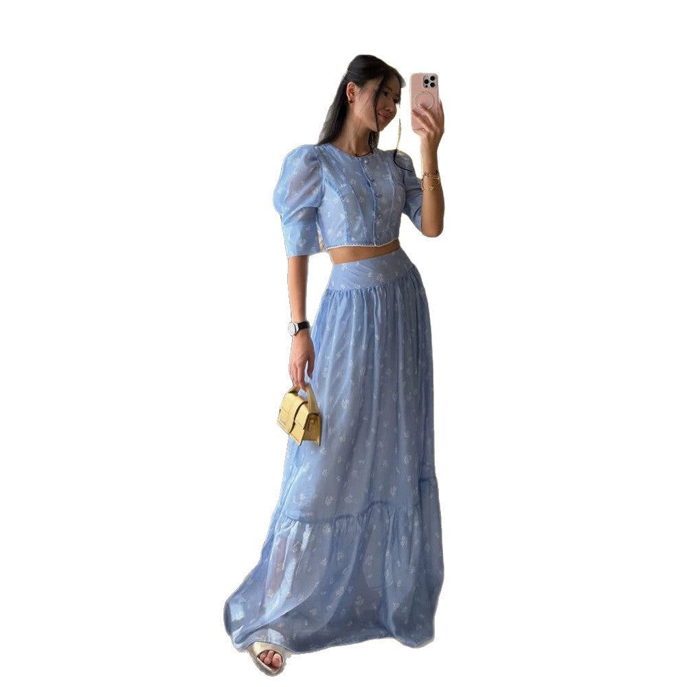 Women's Two-Piece Chiffon Set with Cropped Puff Blouse and Tiered Maxi Skirt EVA-US