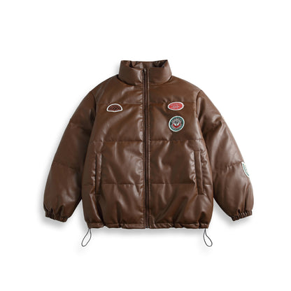 Unisex Short Cut Padded Faux Leather Puffer with High Standing Collar and Badge Details EVA-US