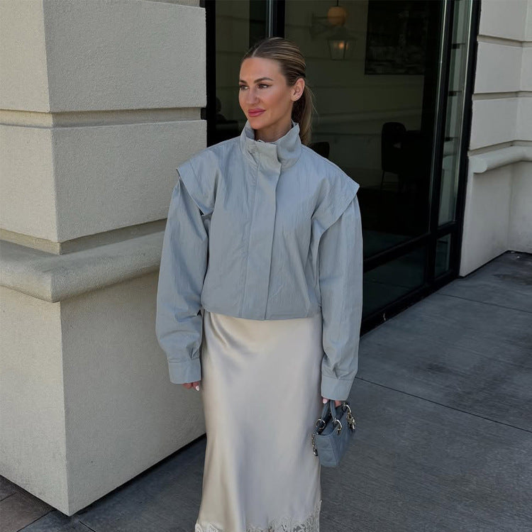 Women's Cropped Transitional Jacket with Stand Collar and Emphasized Shoulder Area EVA-US