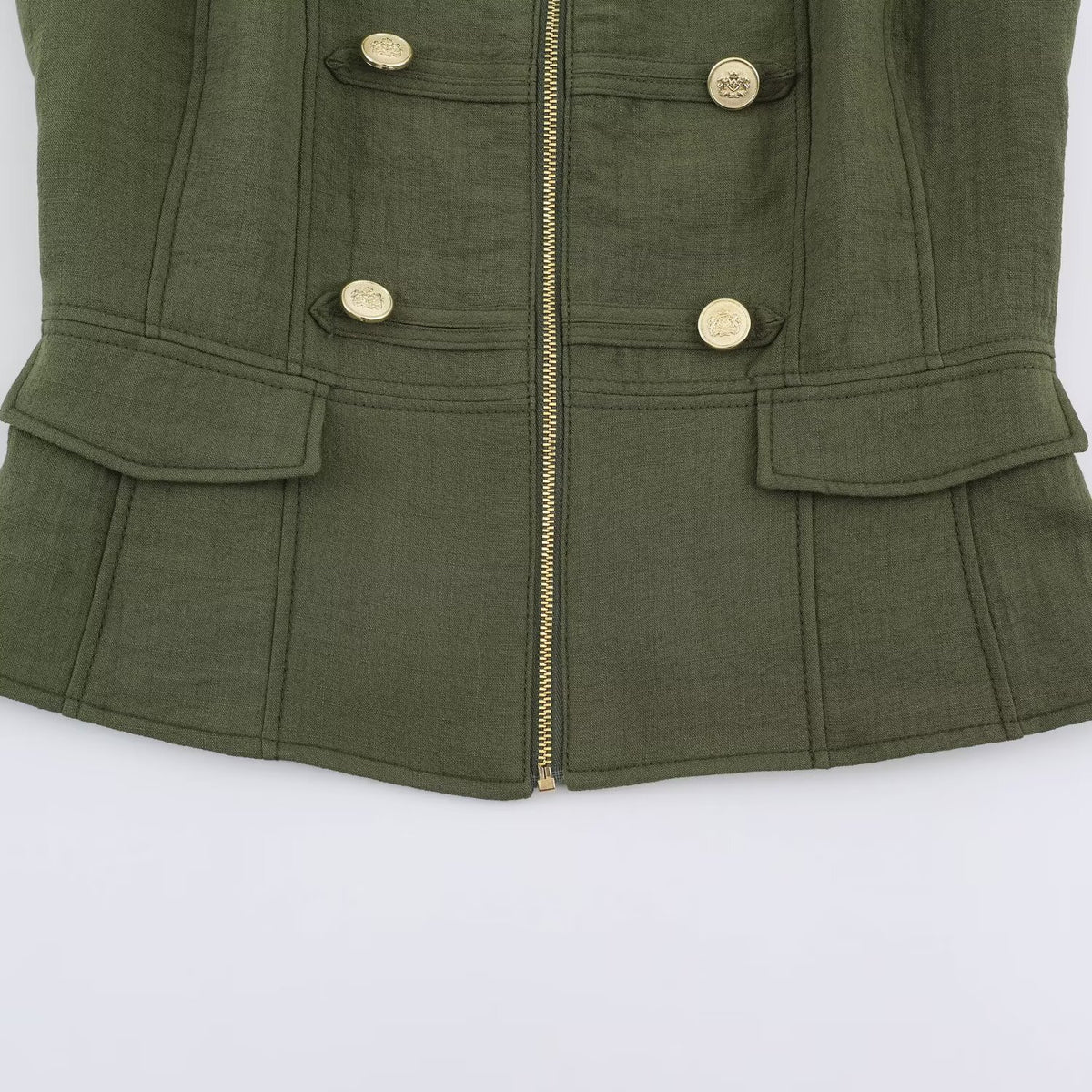 Women's Military-Inspired Tailored Vest with Stand-Up Collar and Decorative Button Placket EVA-US