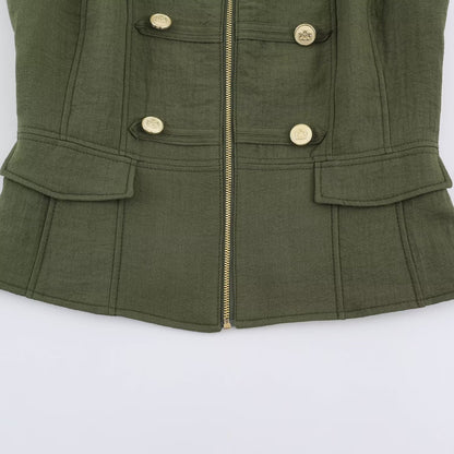 Women's Military-Inspired Tailored Vest with Stand-Up Collar and Decorative Button Placket EVA-US