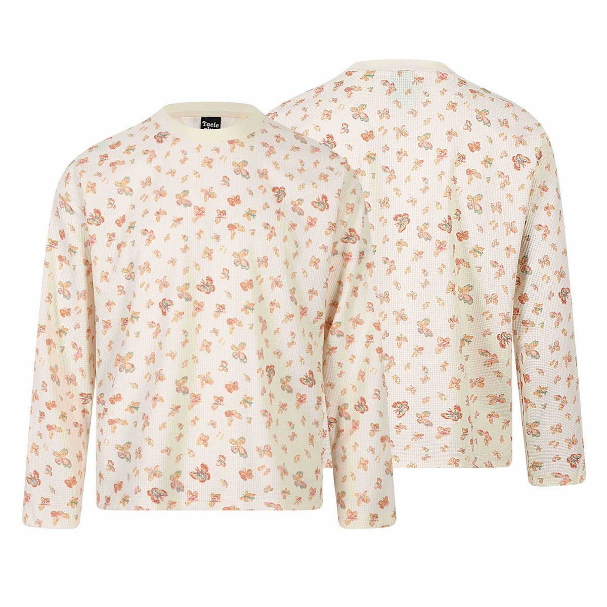 Women Waffle Knit Long Sleeve Shirt with Allover Butterfly Print and Round Neck EVA-US