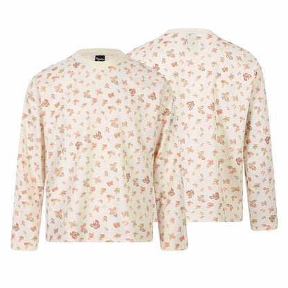 Women Waffle Knit Long Sleeve Shirt with Allover Butterfly Print and Round Neck EVA-US