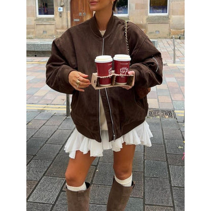 Women's Oversize Suede Bomber Jacket with Zipper & Ribbed Cuffs EVA-US