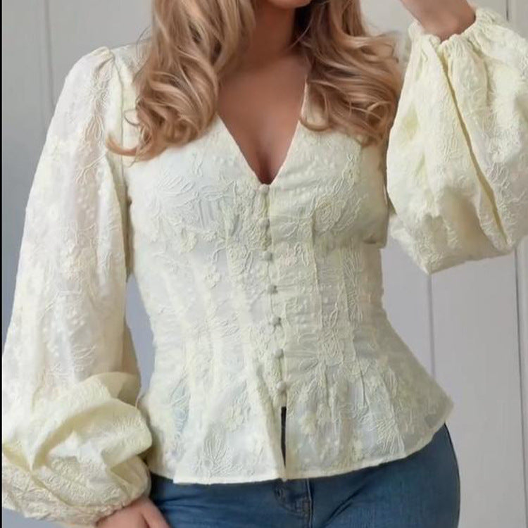 Women's Tailored Lace Blouse in Corset Style with V-Neck, Button Placket and Balloon Sleeves EVA-US