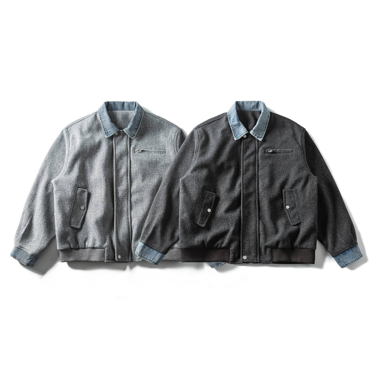 Men's Short Wool Blend Bomber Jacket with Denim Collar and Flap Pockets EVA-US
