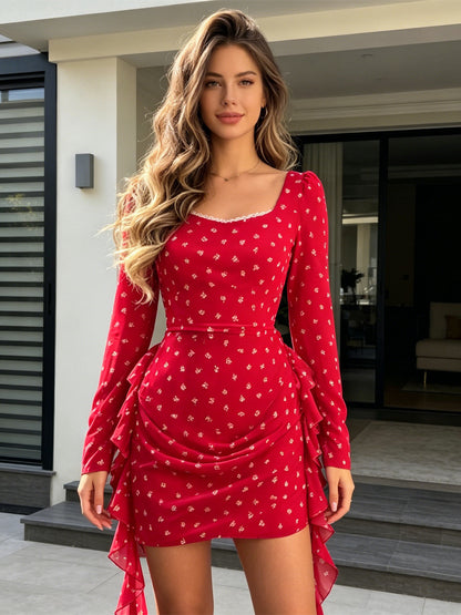 Women's Tight Ruched Mini Dress with Square Neckline, Puff Sleeves and Side Frill Ribbons EVA-US