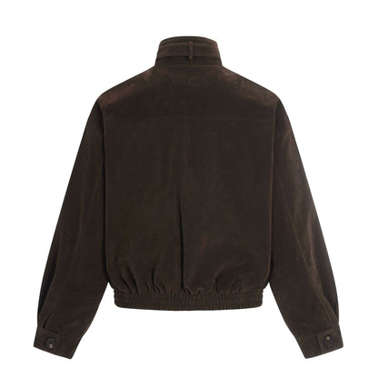 Men's suede aviator-style blouson with stand collar, waist belt, and zip pockets EVA-US