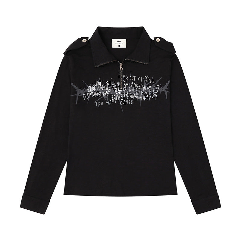 Women's long sleeve polo shirt with short zipper, shoulder pads and statement print EVA-US
