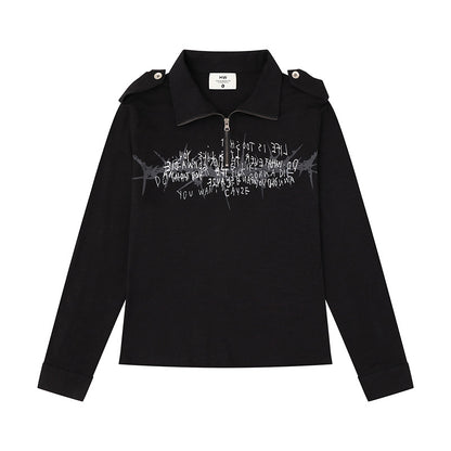 Women's long sleeve polo shirt with short zipper, shoulder pads and statement print EVA-US