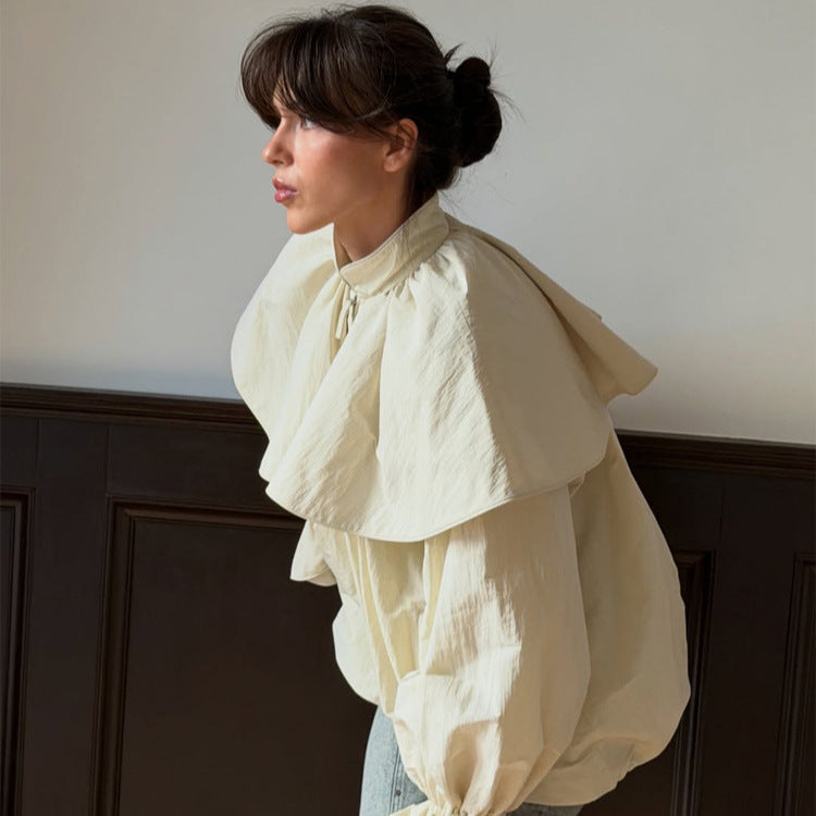 Women's oversized jacket with cape collar, balloon sleeves, and drawstring EVA-US