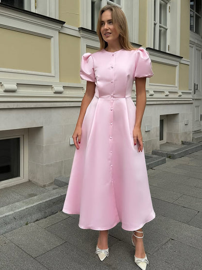 Ladies' midi dress made of satin with voluminous puff sleeves, fitted A-line and continuous button placket EVA-US