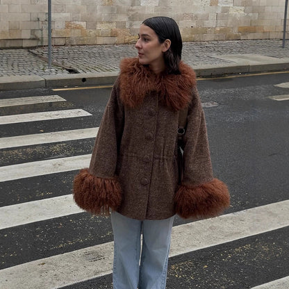 Women's Oversize Wool Blend Brand Coat with voluminous lamb fur imitation collar and extra wide sleeve cuffs EVA-US