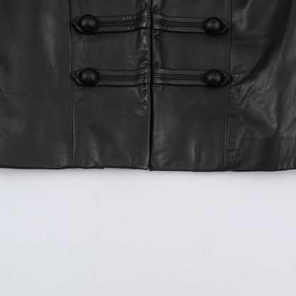 Women tailored military-inspired leather jacket with stand-up collar, decorative strap and button placket EVA-US