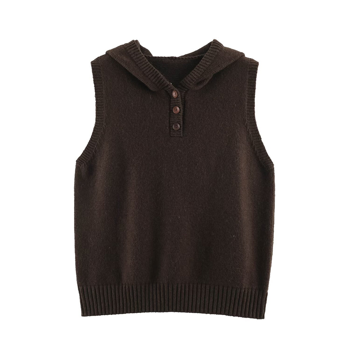 Women's fine knit vest with hood, button placket, and ribbed waistband EVA-US