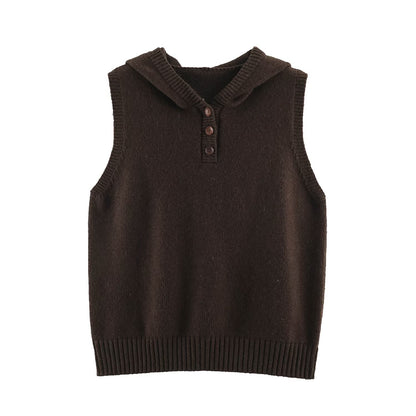 Women's fine knit vest with hood, button placket, and ribbed waistband EVA-US