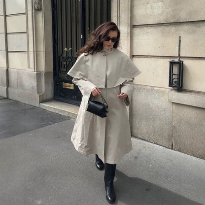 Women's Oversized Trench Coat with Cape Detail and High Stand Collar EVA-US