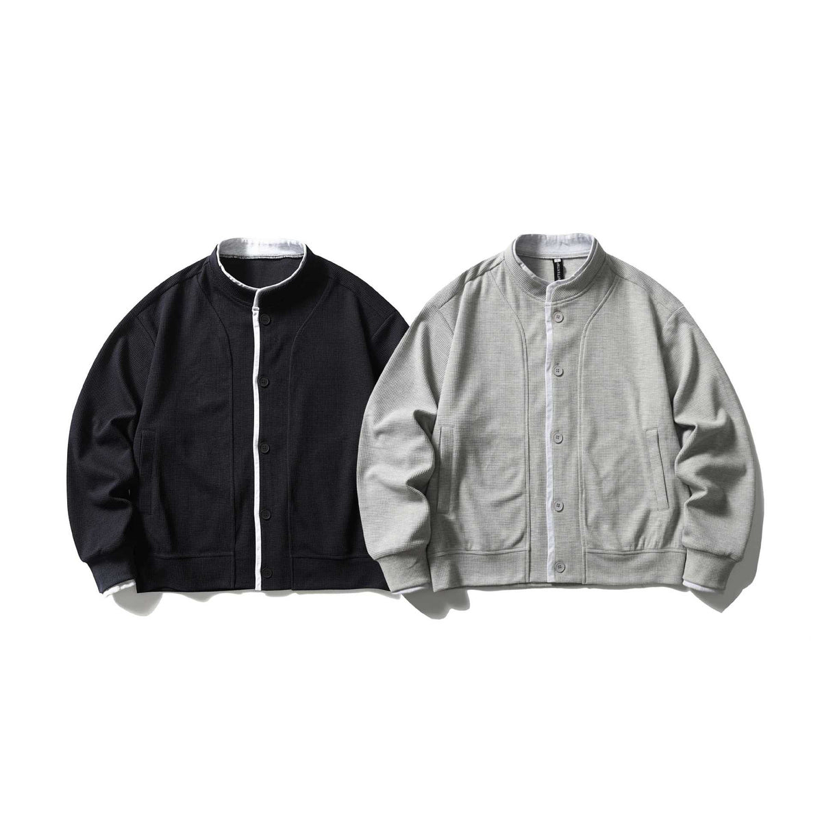 Unisex Short Cut Boxy Blouson Jacket with Waffle Structure, Stand-Up Collar and Contrast Piping EVA-US