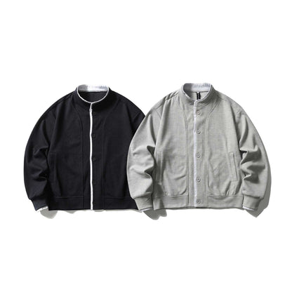 Unisex Short Cut Boxy Blouson Jacket with Waffle Structure, Stand-Up Collar and Contrast Piping EVA-US