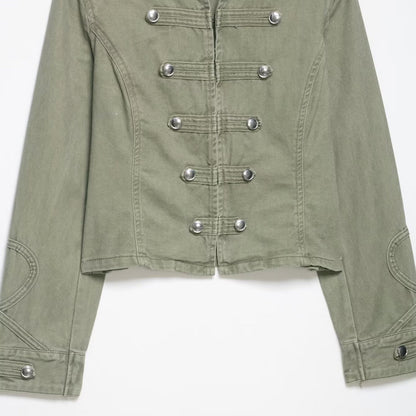 Women's short jacket in military look with stand-up collar, decorative flaps, and quilted sleeve patches EVA-US