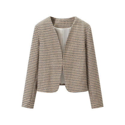 Ladies Two-Piece Tweed Ensemble with Collarless Cropped Blazer and A-Line Mini Skirt EVA-US
