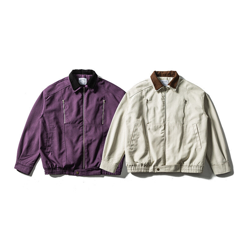 Men's Boxy Canvas Blouson Jacket with Cord Collar, Zipper Chest Pockets and Elastic Hem EVA-US