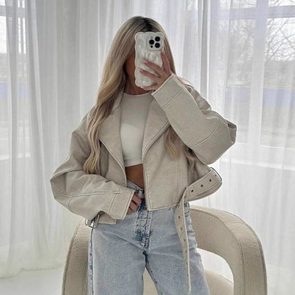 Women Short-Cut Biker Jacket Made of Faux Leather with Waist Belt EVA-US