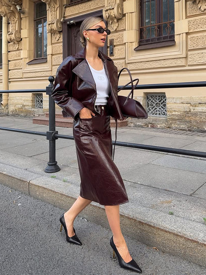 Women's Patent Leather Biker Jacket with Oversized Lapels, Boxy Cut & Visible Zipper EVA-US