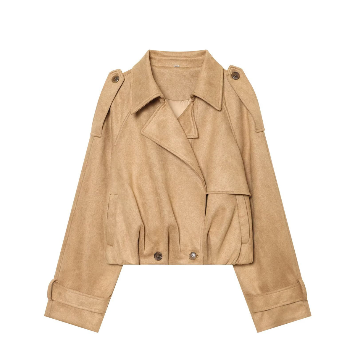 Women Short Cut Trench Jacket in Suede Look with Epaulettes and Buckle Cuffs EVA-US