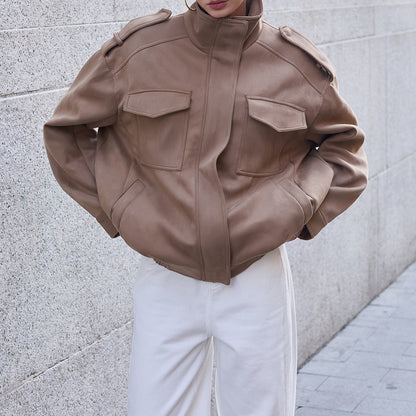 Women's field bomber jacket in suede look with high collar, flap pockets and epaulettes EVA-US