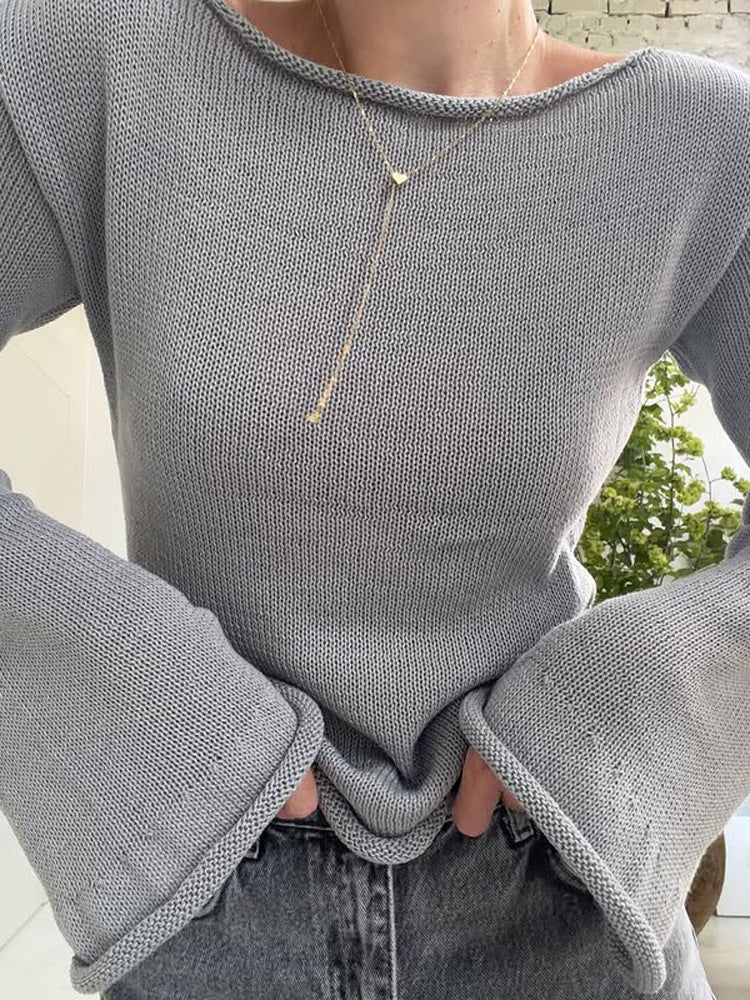Women's chunky knit sweater with wide boat neckline & extra wide trumpet sleeves EVA-US