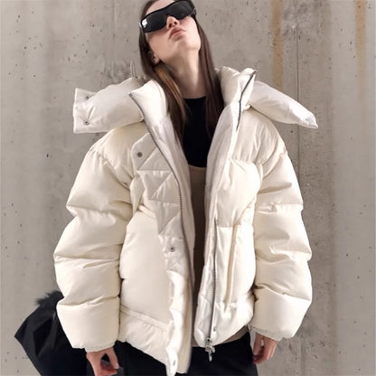 Women Oversized Padded Puffer Jacket with extra high Stand-Up Collar, double front zipper and boxy silhouette EVA-US