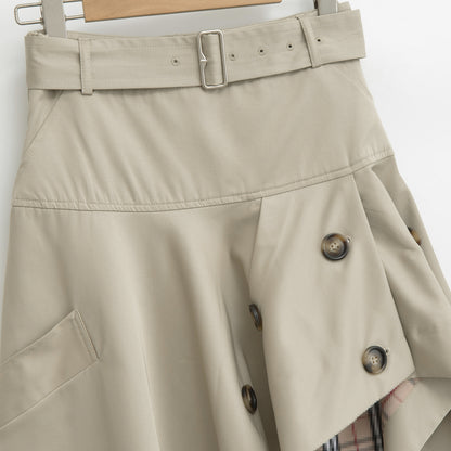 Women's Asymmetrical Trench Skirt with Waist Belt and Decorative Buttons EVA-US