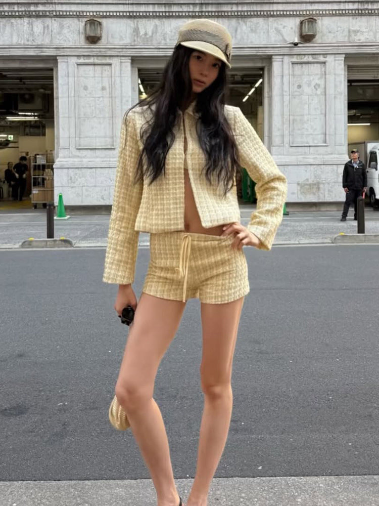 Women Two-Piece Boucle Set with Short Jacket and Drawstring Shorts EVA-US