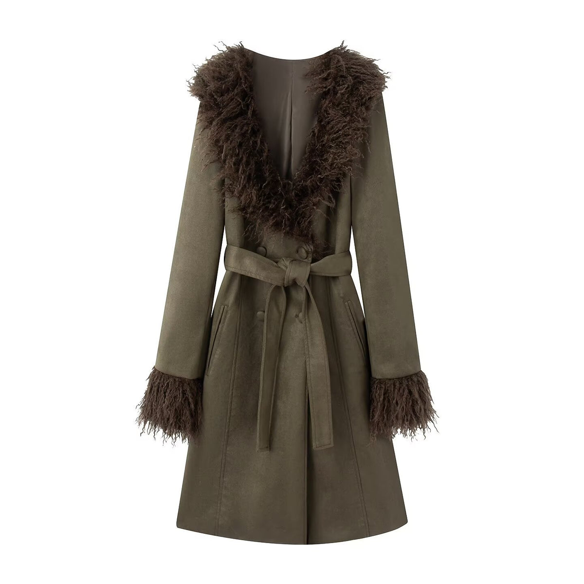 Women’s coat with faux fur shawl collar and belted waist EVA-US
