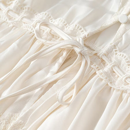 Ladies Romantic Lace Blouse with Drawstring Waist, Ruffled Hem and Balloon Sleeves EVA-US