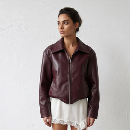 Women's short jacket made of vegan smooth leather look with pointed shirt collar and front zipper EVA-US