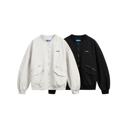 Unisex short cut lightweight nylon bomber jacket with utility pockets and ribbed hem EVA-US