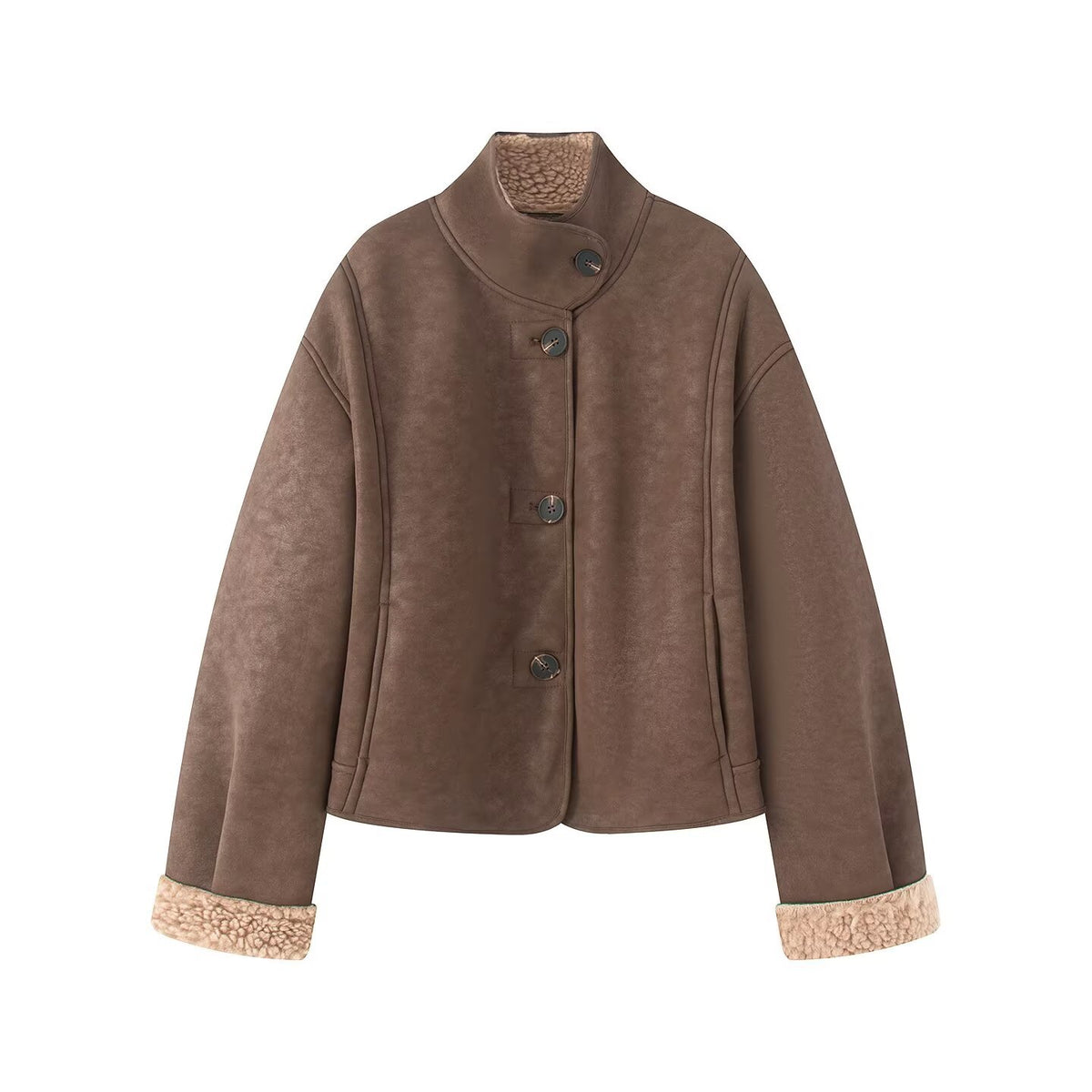 Women's Short Lambskin-Look Jacket with Stand-up Collar and Button Placket EVA-US