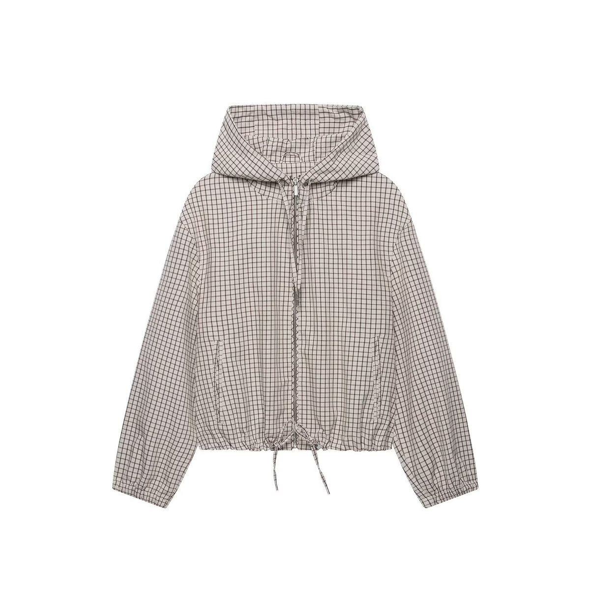 Women Lightweight Hooded Jacket in Check Pattern with Drawstring Hem and Elastic Cuffs EVA-US
